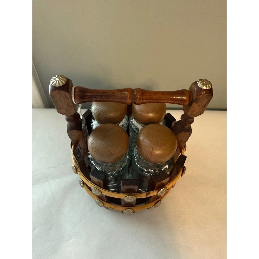Vintage Wood Caddy Glass‎ Salt and Pepper Shakers Set Country Farmhouse